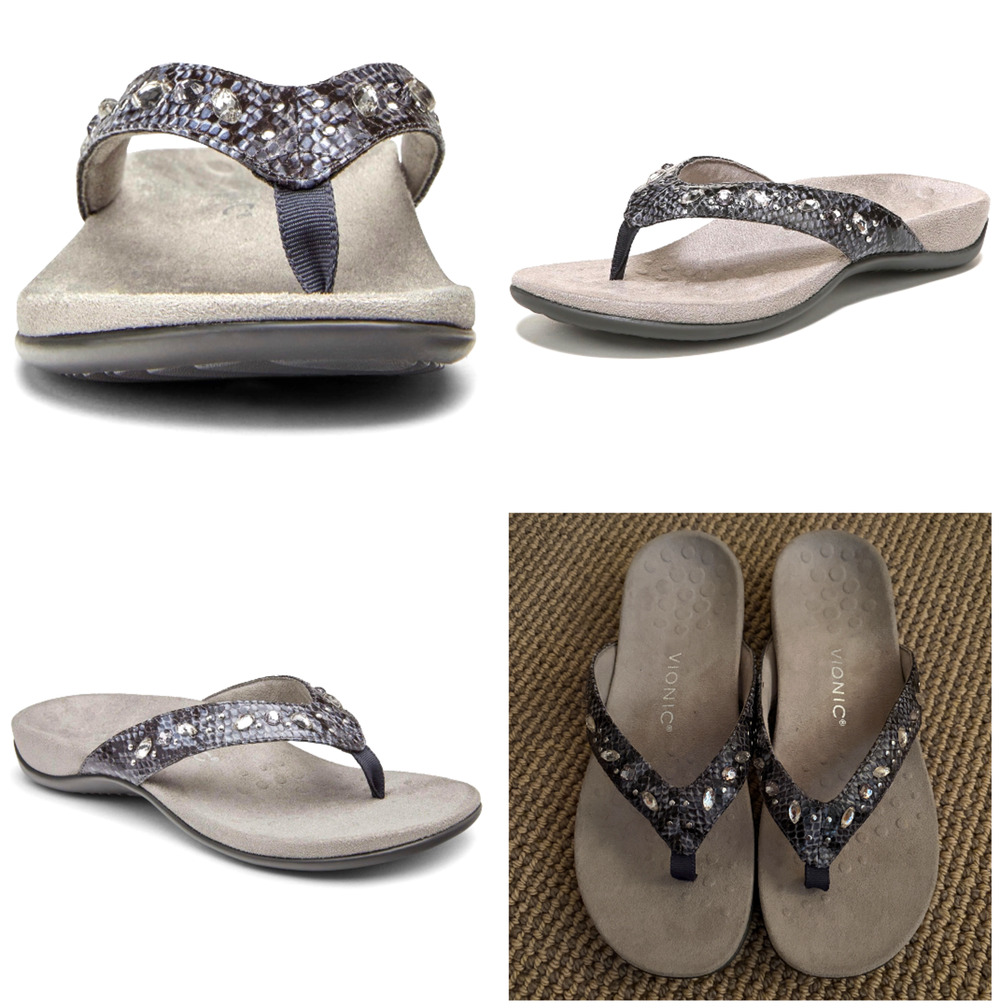 Vionic Lucia Flip-Flop 9.5 Gray Snake Print with Rhinestones NWOB Arch Support